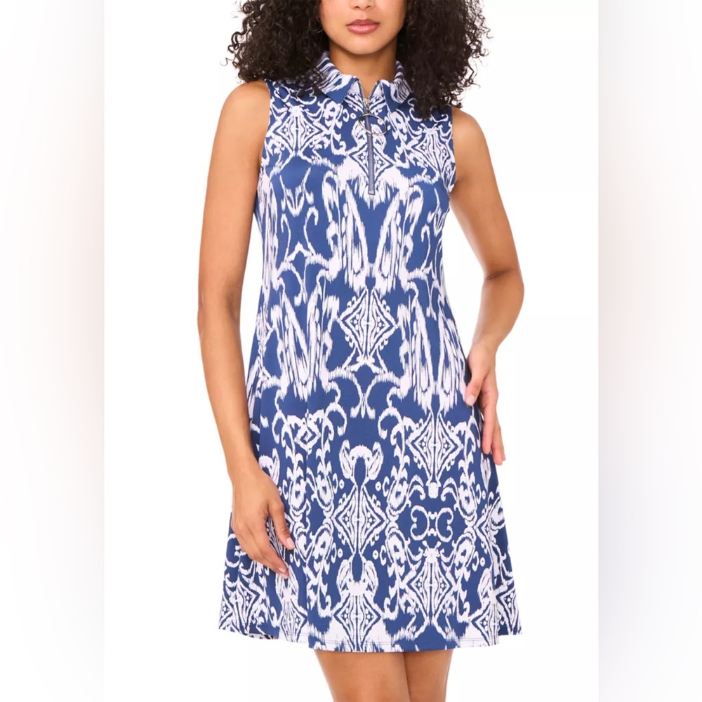 Casa Cabana blue/white Damask print half zip shift dress with pockets size XS